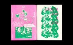 an open book with green and pink designs on the cover, next to a drawing of a person riding a bike