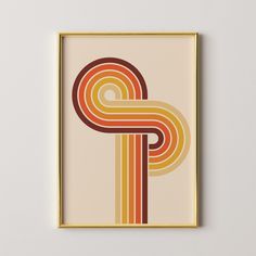 an abstract painting on the wall with a gold frame and red, yellow, orange, and brown striped letter p