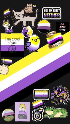 an assortment of stickers and decals on a black background with purple, yellow and white stripes