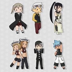 some anime characters are standing together in different poses, with one holding the other's head