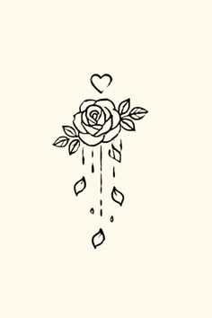 a black and white drawing of a rose with hearts hanging from it's petals