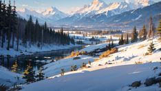 a snowy mountain landscape with trees and water