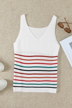 Multicolor Stripes White Knit Tank Top Plus Size Clothing Online, Early Spring Outfits, Knit Tank Top, Current Fashion Trends, Knit Tank, Petite Outfits, Estilo Boho, Knitted Tank Top, Spring Outfits Casual