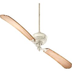 a white ceiling fan with two wooden blades on it's blade and light wood blades