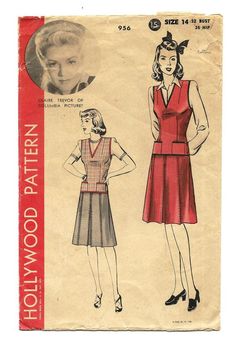 Skirt Vest Pattern, Hollywood 956, Misses Size 14, Pleated Skirt, Jerkin Top, Pockets, V Neck Collar Retro V-neck Fitted Vest, Fitted Vintage V-neck Vest, Retro Fitted V-neck Vest, Retro Fitted Sleeveless Vest, Retro Sleeveless Vest For Work, Fitted V-neck Vintage Vest, 1940s Clothing, Claire Trevor, 1940s Outfits