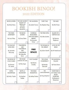 the bookish bingo is shown in pink and white