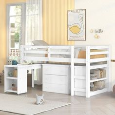 a white loft bed with desk underneath it in a room that has yellow walls and hardwood floors