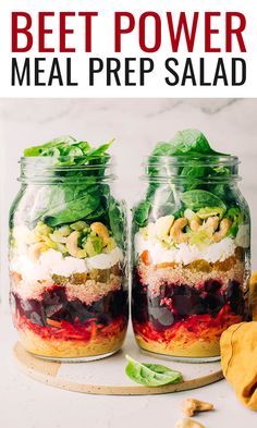 two mason jars filled with beet power meal prep salad