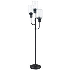 a black floor lamp with four clear glass shades