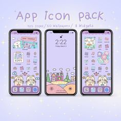 three iphones with cartoon characters on them and the text'app icon pack '