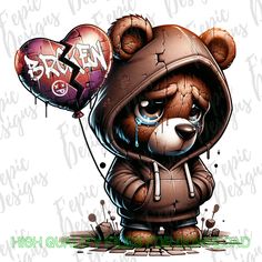 a teddy bear wearing a hoodie and holding two balloons with graffiti writing on it