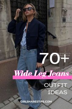 Elevate your wardrobe with 70+ wide leg jeans outfit ideas for every season: spring, summer, fall, and winter. These effortlessly chic, trendy, and stylish looks range from casual to dressy, perfect for street style, work, school, brunch, weekend, going out, date night, everyday, dinner night, and business casual. Featuring 90s grunge and Y2K inspirations, explore black, blue, and white baggy jeans that flatter your apple shape and keep you looking cute and classy. Low Rise Wide Leg Jeans Outfit, White Baggy Jeans, Wide Jeans Outfit, How To Wear Wide Leg Jeans, Dark Blue Jeans Outfit, Light Blue Jeans Outfit, Bootcut Jeans Outfit