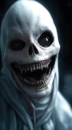 a creepy skeleton with an open mouth and white skin wearing a hooded jacket, standing in the dark