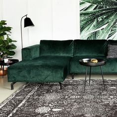 a green couch sitting on top of a rug next to a table with a plant