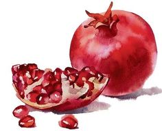 a painting of a pomegranate cut in half with seeds scattered around it