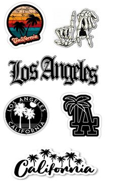 various stickers that say los angeles, california and palm trees in different languages on white background