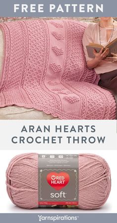 a woman sitting on a couch next to a pink blanket with the words aran hearts crochet throw