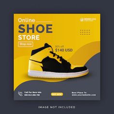 a yellow and black flyer for a shoe store