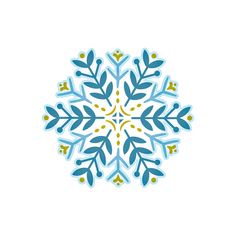 a blue and yellow snowflake with leaves on it's side, against a white background