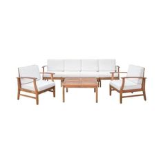 a white couch and two chairs sitting next to each other on a white background with no one in it