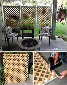 four pictures showing how to build an outdoor fire pit with latticed screens and chairs