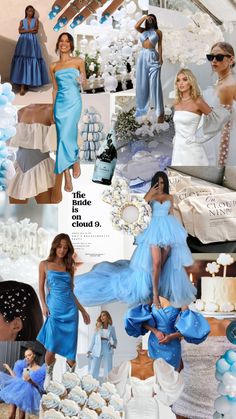 a collage of photos with women in blue dresses