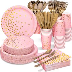 pink and gold party supplies including paper plates, napkins, cups, forks and utensils