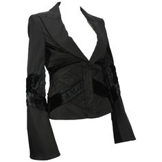 A Fabulous Creation From Tom Ford's Last Collection Almost impossible to find!!! Gucci jacket by Tom Ford Designer size 44 - US 6/8 2004 Collection 100% Silk, Finished with Velvet, Color - Black. Measurements: Length – 23.5 inches, Shoulders – 16.5”, Sleeve – 27”, Bust - 36", Waist - 31/32. Made in Italy New with tag. Matching Runway Skirt in size 42 Available. Asian Street Wear, Tom Ford For Gucci, Tom Ford Designer, Velvet Dinner Jacket, Gucci By Tom Ford, Fur Blazer, Carolyn Murphy, Gucci Jacket, Gucci Floral