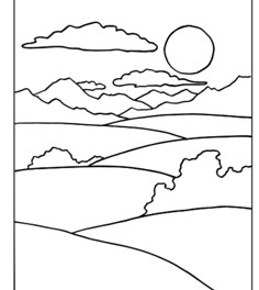 a black and white drawing of a landscape with mountains, clouds, and the sun