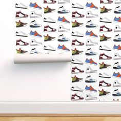 an image of a wall with different shoes on it