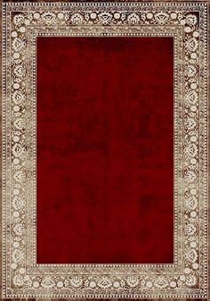 a red area rug with an ornate border on the top and bottom, in white trimmings