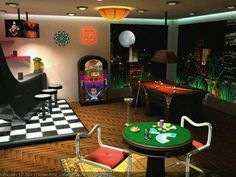 a game room filled with furniture and decor