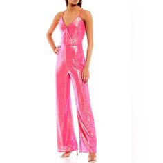 From Gb, This Romper Features: -V-Neckline -Sequin-Embellished Mesh Fabrication -Sleeveless -Lace-Up-Back -Back Zipper Closure -Wide, Full Length Pant -Pull On Styling -Polyester -Hand Wash Glamorous Pink V-neck Jumpsuits And Rompers, Pink Sequined Jumpsuits And Rompers For Party Season, Fitted Pink Sequined Jumpsuits And Rompers, Pink Fitted Jumpsuits And Rompers With Sequins, Pink Sequined Jumpsuits And Rompers For Summer, Fitted Sleeveless Jumpsuit With Contrast Sequin, Sleeveless Party Jumpsuits And Rompers With Contrast Sequin, Sleeveless Sequined Jumpsuit For Night Out, Sleeveless Sequin Jumpsuits And Rompers For Party