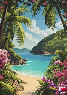 an image of a tropical beach scene with flowers and palm trees