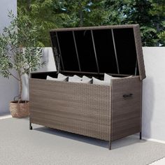 an outdoor storage box on the ground next to a plant and potted olive tree