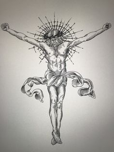 the crucifix is drawn in black and white ink on a piece of paper