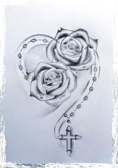 a drawing of two roses and a cross