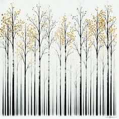 trees with yellow leaves on them are shown in this wall decal, as well as black and white stripes