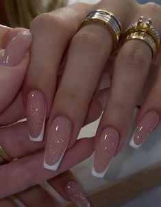 Nail Ballerina Ideas, Ballerina Nails Wedding, Gel Nails Ideas Ballerina, Glitter French Manicure Designs, Gel X Nails Ballerina, French Acrylics With Design, Glitter With French Tip, Bridal Nails Wedding French Tips, Simple Nails For Wedding Guest