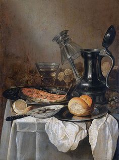 a painting of food on a table with a pitcher