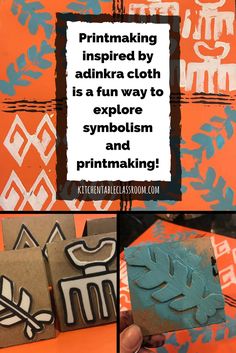 an orange and blue background with some type of art work on it, including the words printmaking inspired by adhirra cloth is a fun way to explore symbol and printmaking