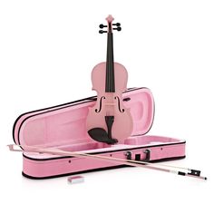 a pink violin in its case with two strings attached to the front and back of it