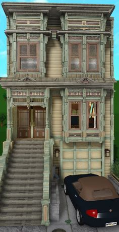 a car is parked in front of a large wooden house with steps leading up to the second floor