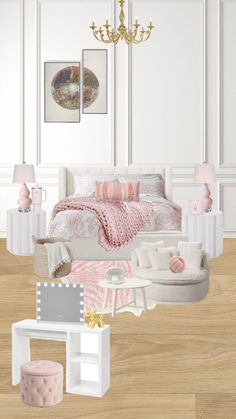 a bedroom with white walls and pink accents