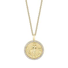 18k gold AQUARIUS zodiac coin pendant with diamond frame.  .48cts diamonds  20 inch chain with loops at 18 and 16 inch.  *Custom engraving available please email info@anitako for more information.  #AKZC-AQ Anita Ko Jewelry, Anita Ko, Fine Diamond Jewelry, Aquarius Zodiac, Zodiac Necklaces, Coin Necklace