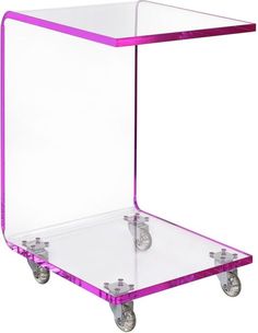 a clear plastic cart with wheels on the front and back sides is shown in this image