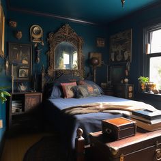 a bed sitting in a bedroom next to a window with lots of pictures on the wall