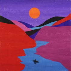 a painting of a person in a boat on a river with mountains and the sun behind them