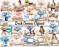 desk scenes clipart with flowers, laptops and other items on the table in front of them