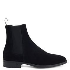 Velour Chelsea boots with elastic bands either side and rubber sole. Classic Black Chelsea Boots With Suede Lining, Black Suede Chelsea Boots With Rubber Sole, Black Suede Business Boots, Black Suede Boots For Business, Black High-top Chelsea Boots In Calf Leather, Black Suede Chelsea Boots For Business, Black High-top Chelsea Boots With Rubber Heel Cap, Business Black Chelsea Boots With Suede Lining, Modern Black Boots With Rubber Sole